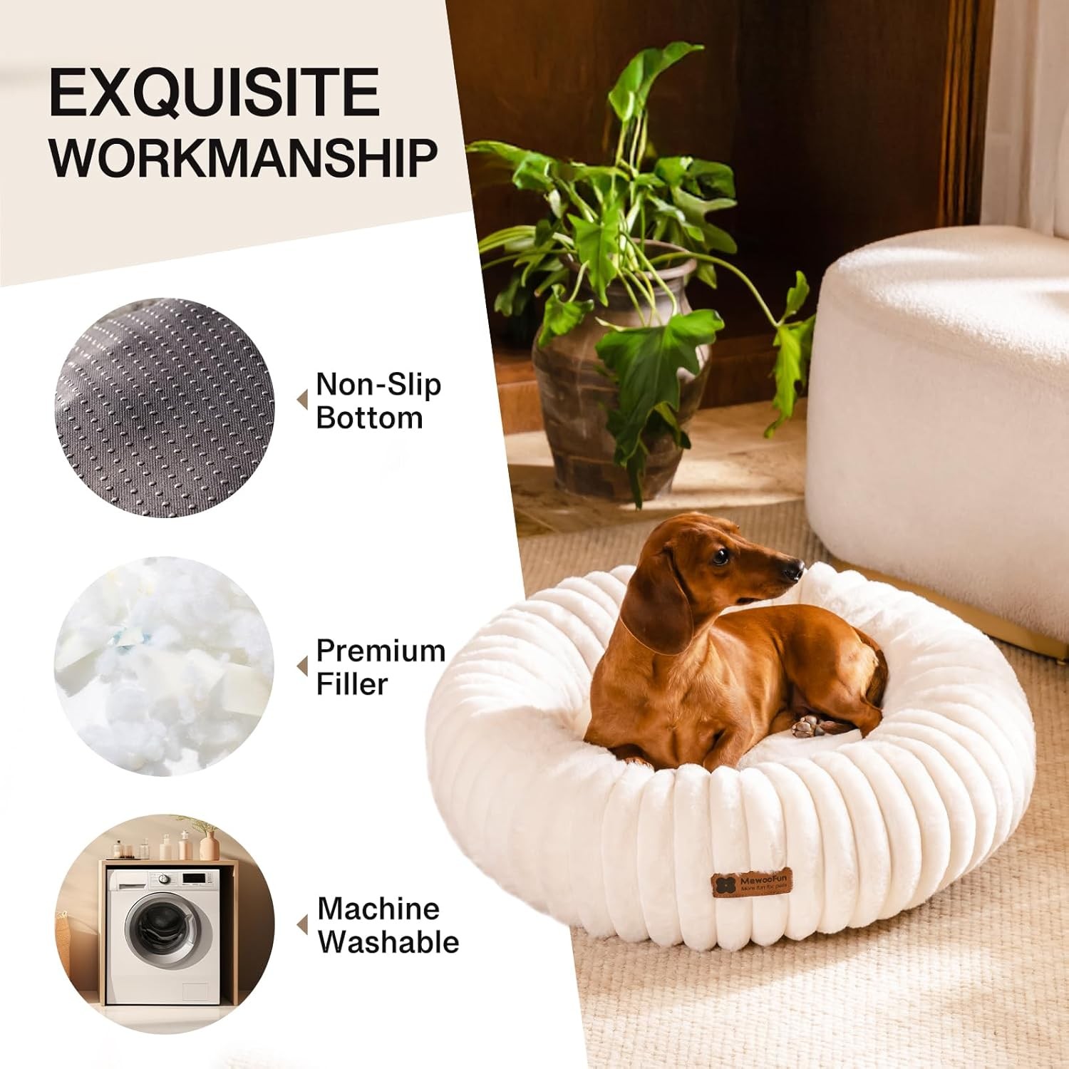 MEWOOFUN Donut Dog Bed for Small Dogs – Calming Fluffy Round Pet Bed with Non-Sl