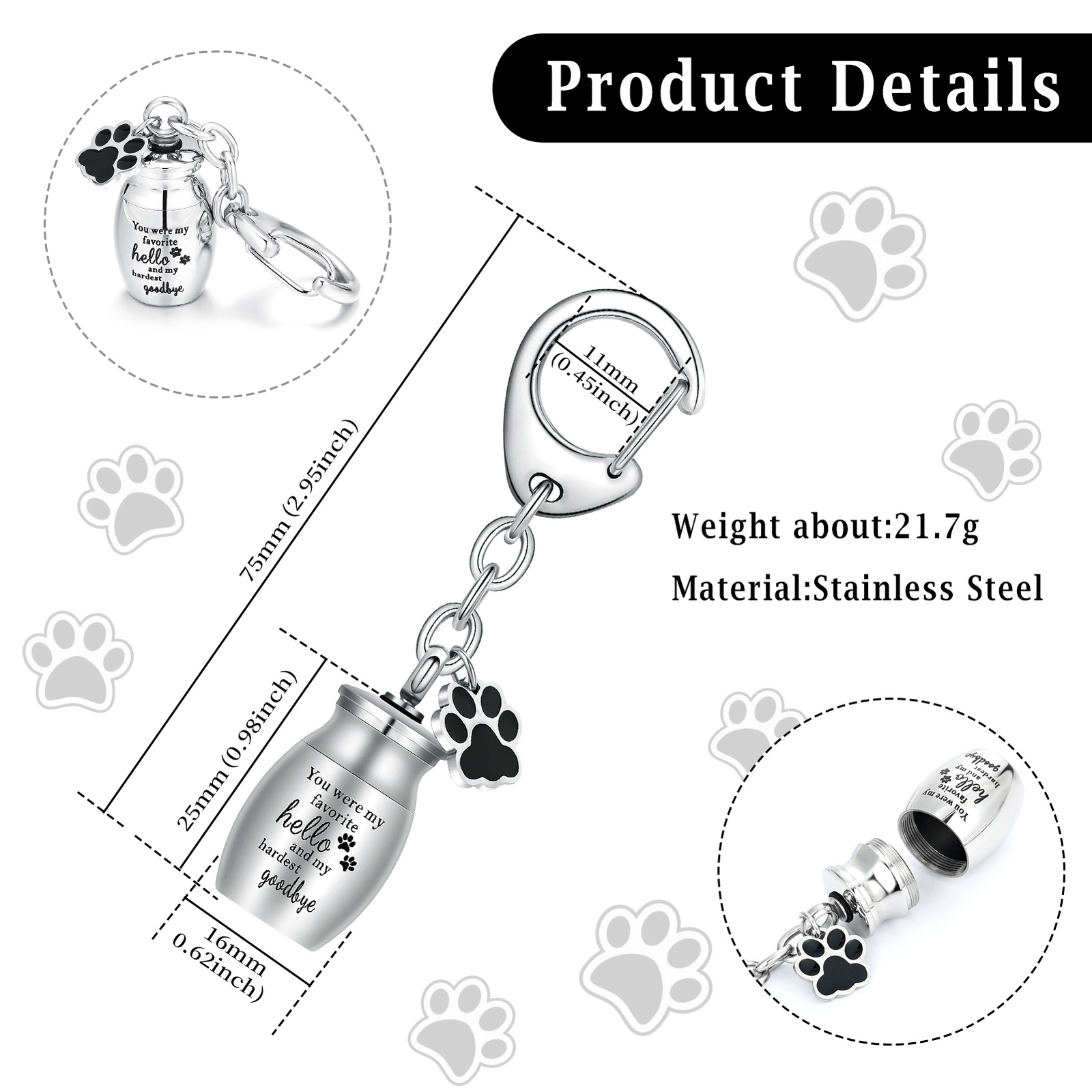 Pet Urns Keychain for Dog /Cat Ashes Keepsake Stainless Steel Cremation Keychain