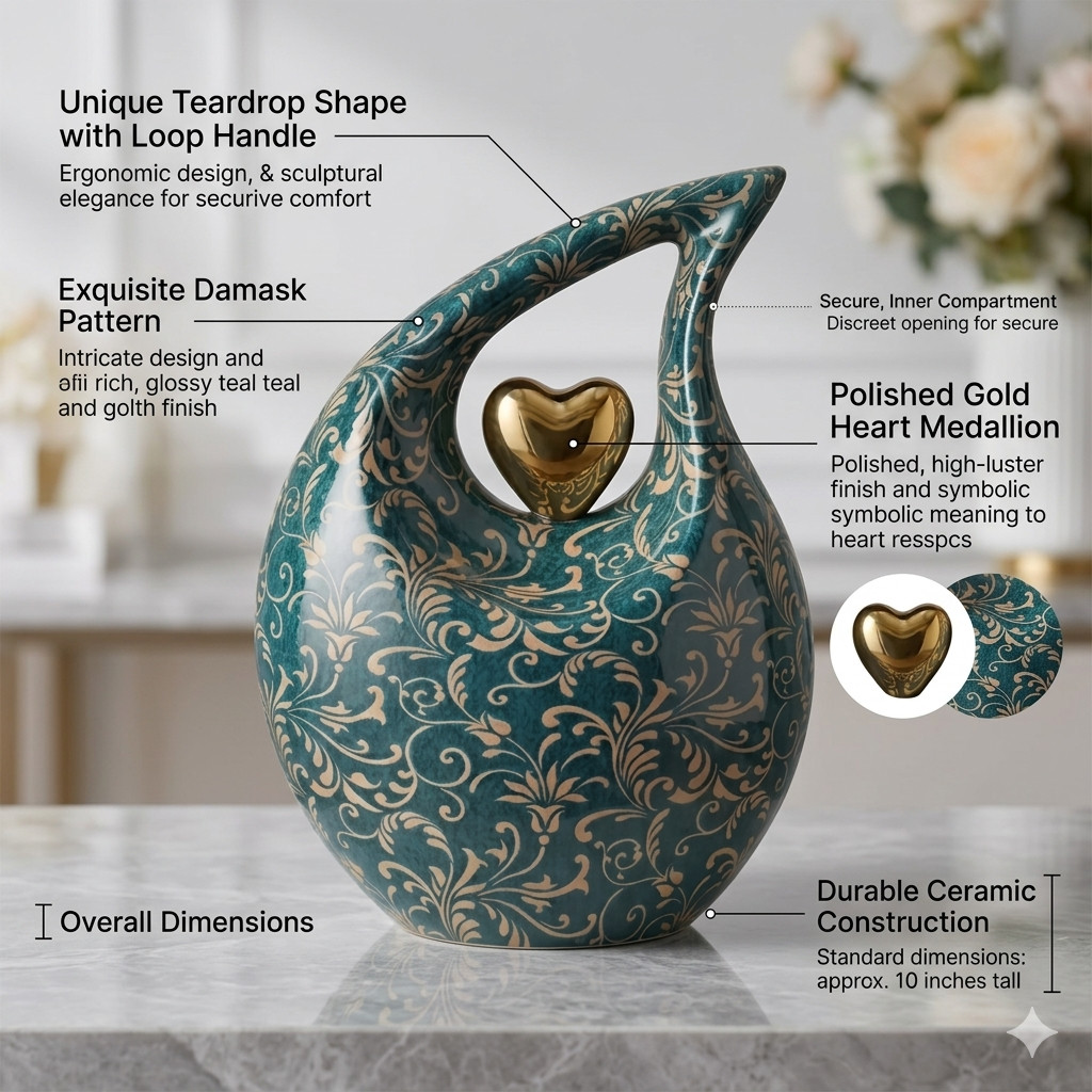 Large Floral Teardrop Cremation Memorial 10” Urn for Human Ashes Male Female