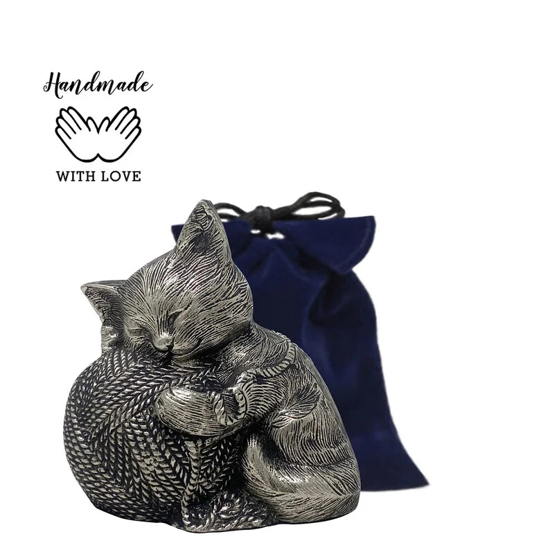 Silver Cat Urn- Precious Cat Urn- Figurine Urn – Kitty with Yarn Ball Urn W/Bag