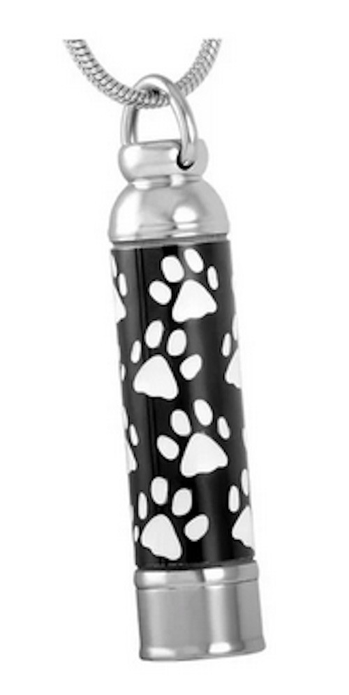 Black & White Cylinder Paw Prints Heart Memorial Necklace (J-027)