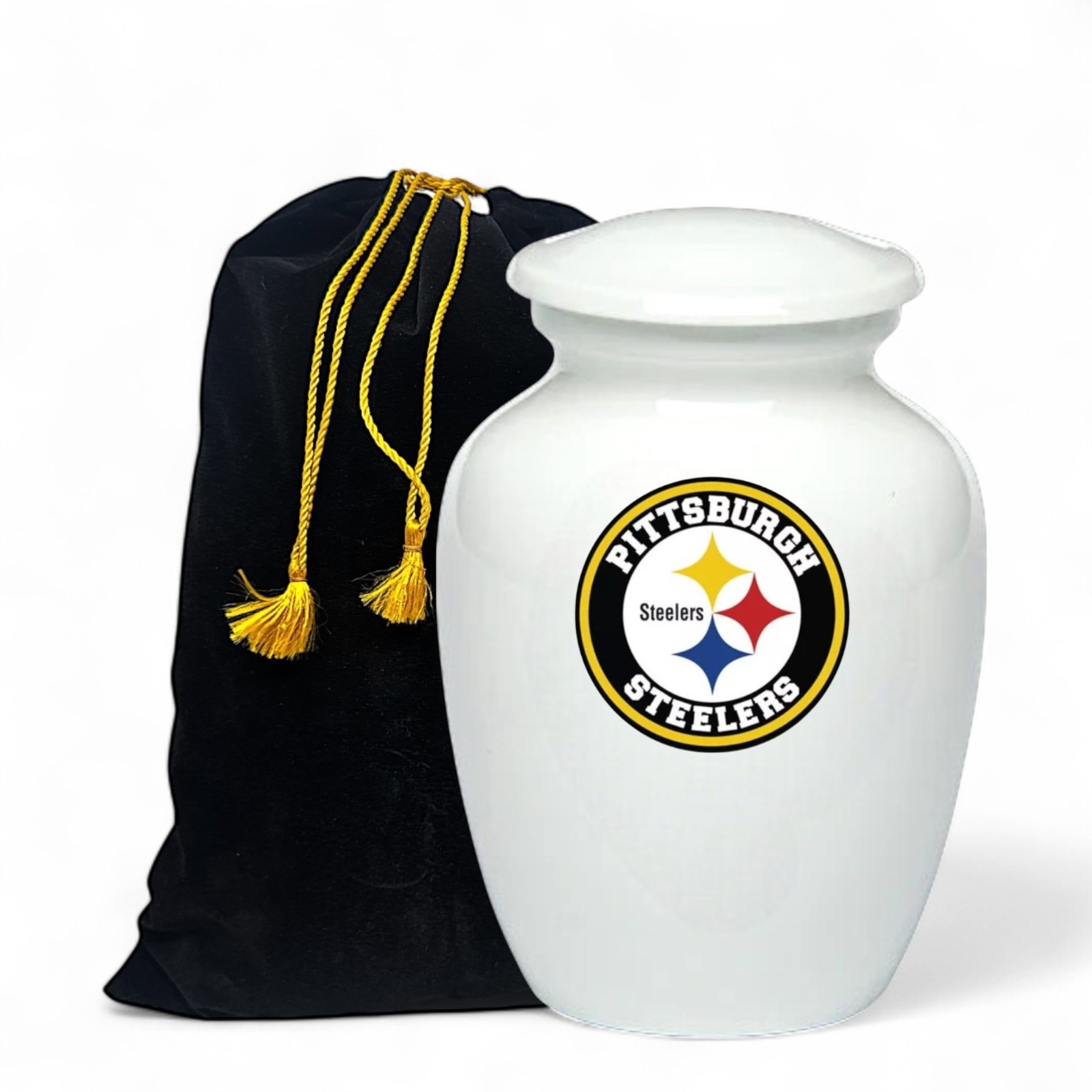 White Cremation Memorial Ashes Urn Pittsburgh Steelers Football Theme with Bag
