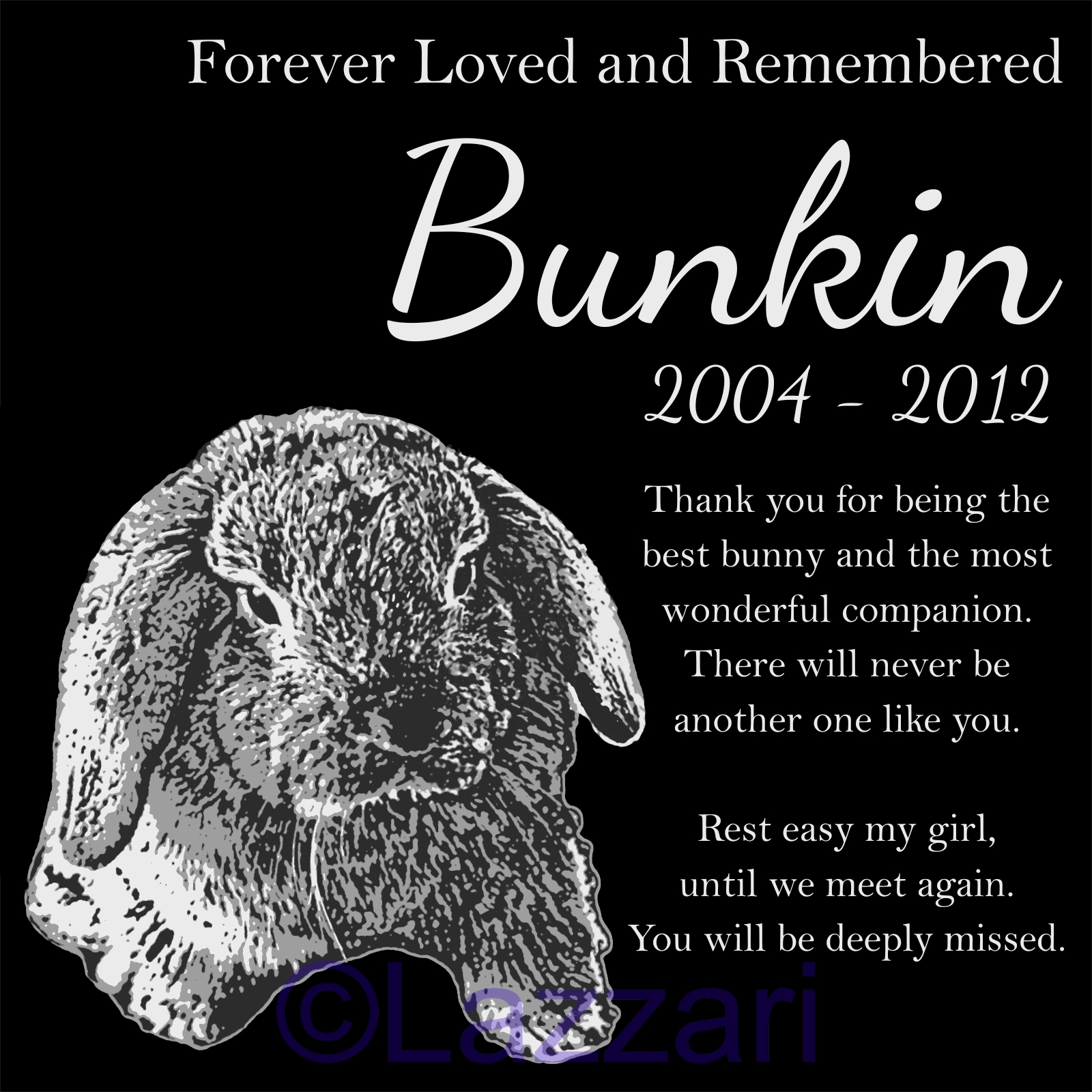 Personalized Lop Eared Bunny Rabbit Pet Memorial 12″x12″ Headstone Grave Marker