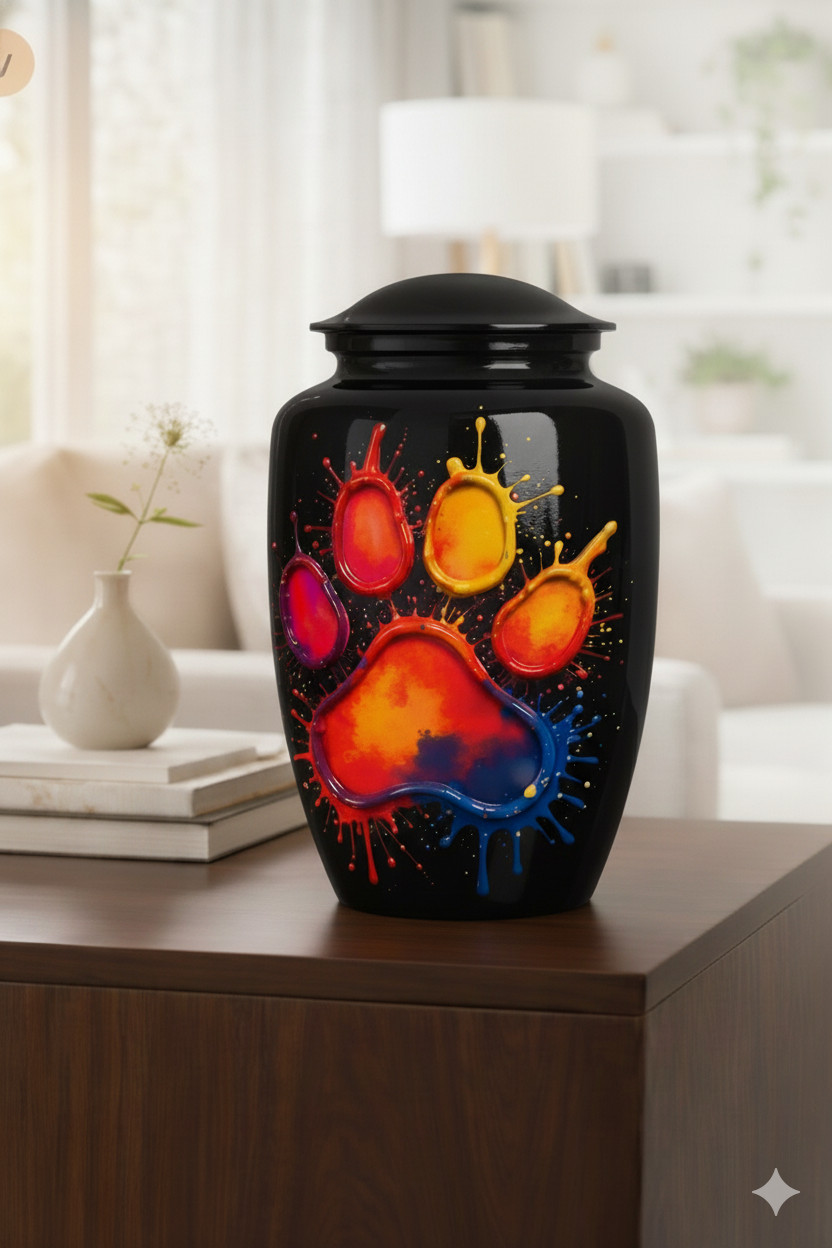 Colorful Paw Print Urn Jar with Lid – Pet Memorial Ashes Container, Decorative