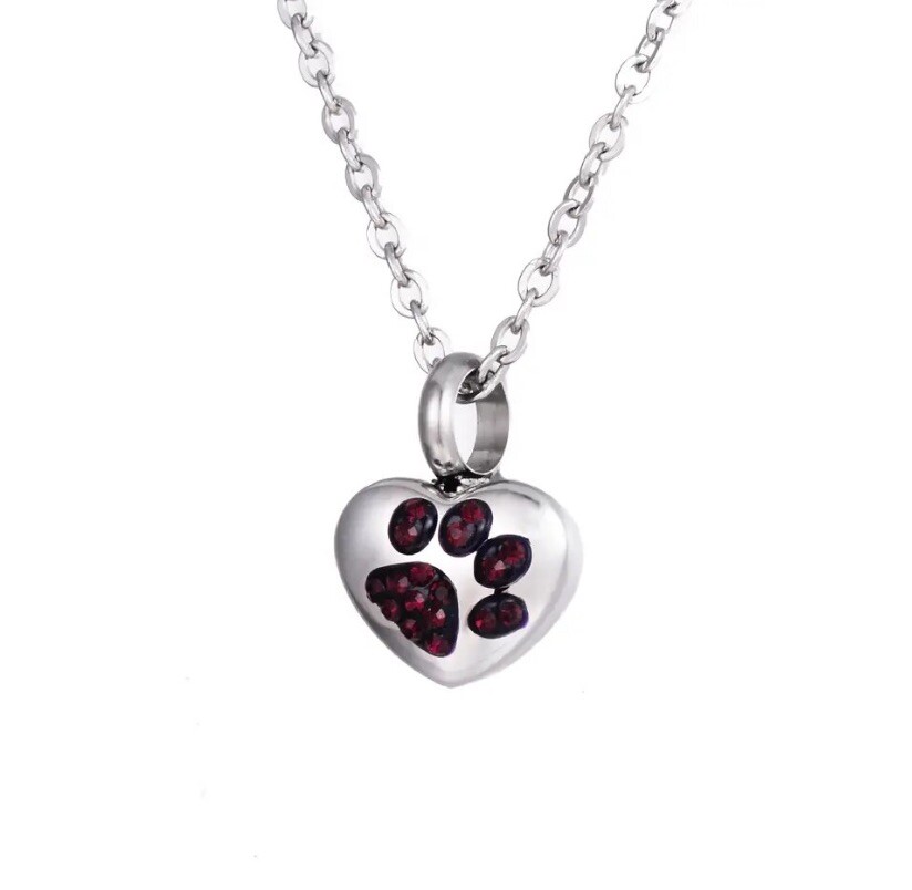 Tiny Pet Cremation Pendant Necklace Girls Ladies Crystal Paw Print Blue Purple