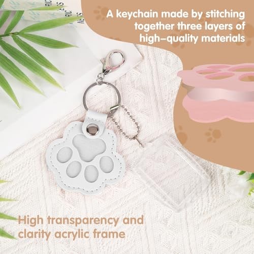 Pet Hair Keychain, Cute Leather Cat Paw Keychain with Acrylic Small Photo White