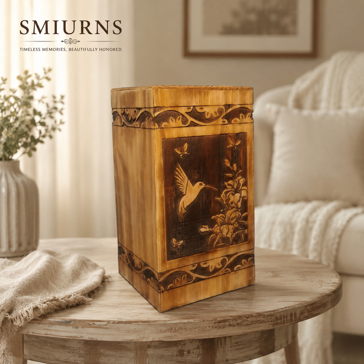 “Large Wooden Cremation Urn for Human Ashes Adult Memorial Hummingbird 250lb”