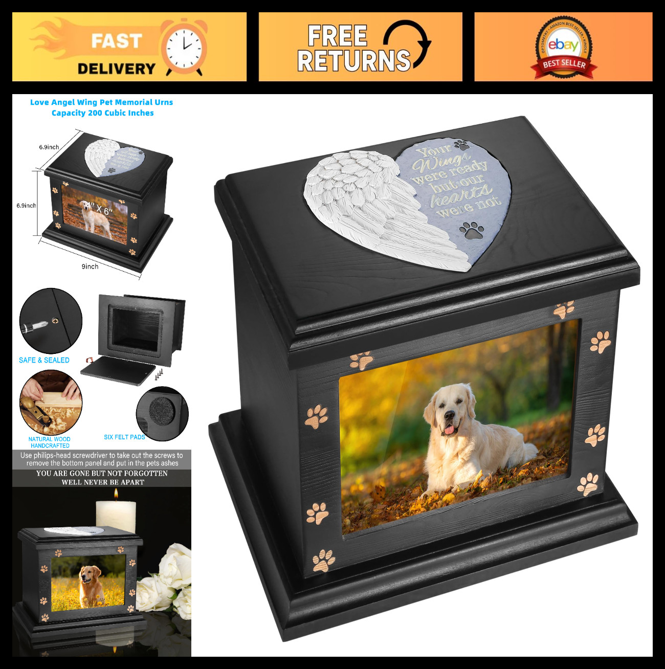Large Wooden Pet Memorial Urn for Dogs & Cats – Cremation Ashes Keepsake Box wit