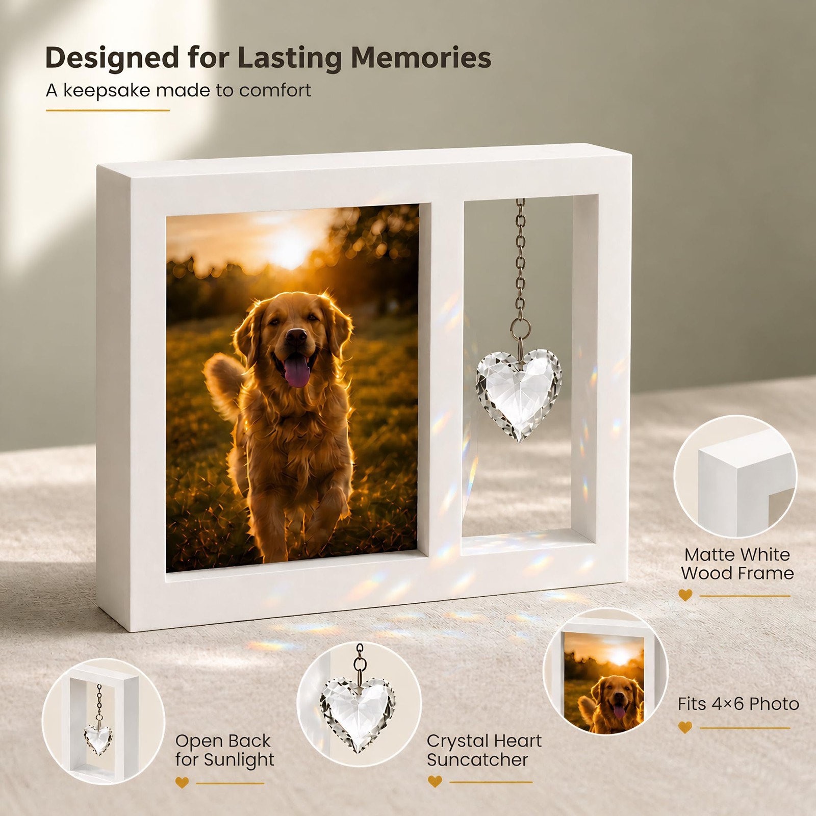 Dog Memorial Gifts for Loss of Dog: 4×6 Wooden Picture Frame with Crystal Hea…