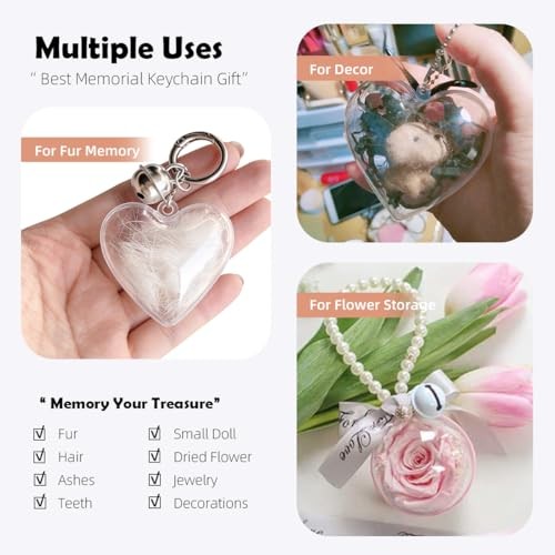 Fur Keepsake 2″ Heart Pendant – Ashes Hair Memory Acrylic Ball with Bell – Heart