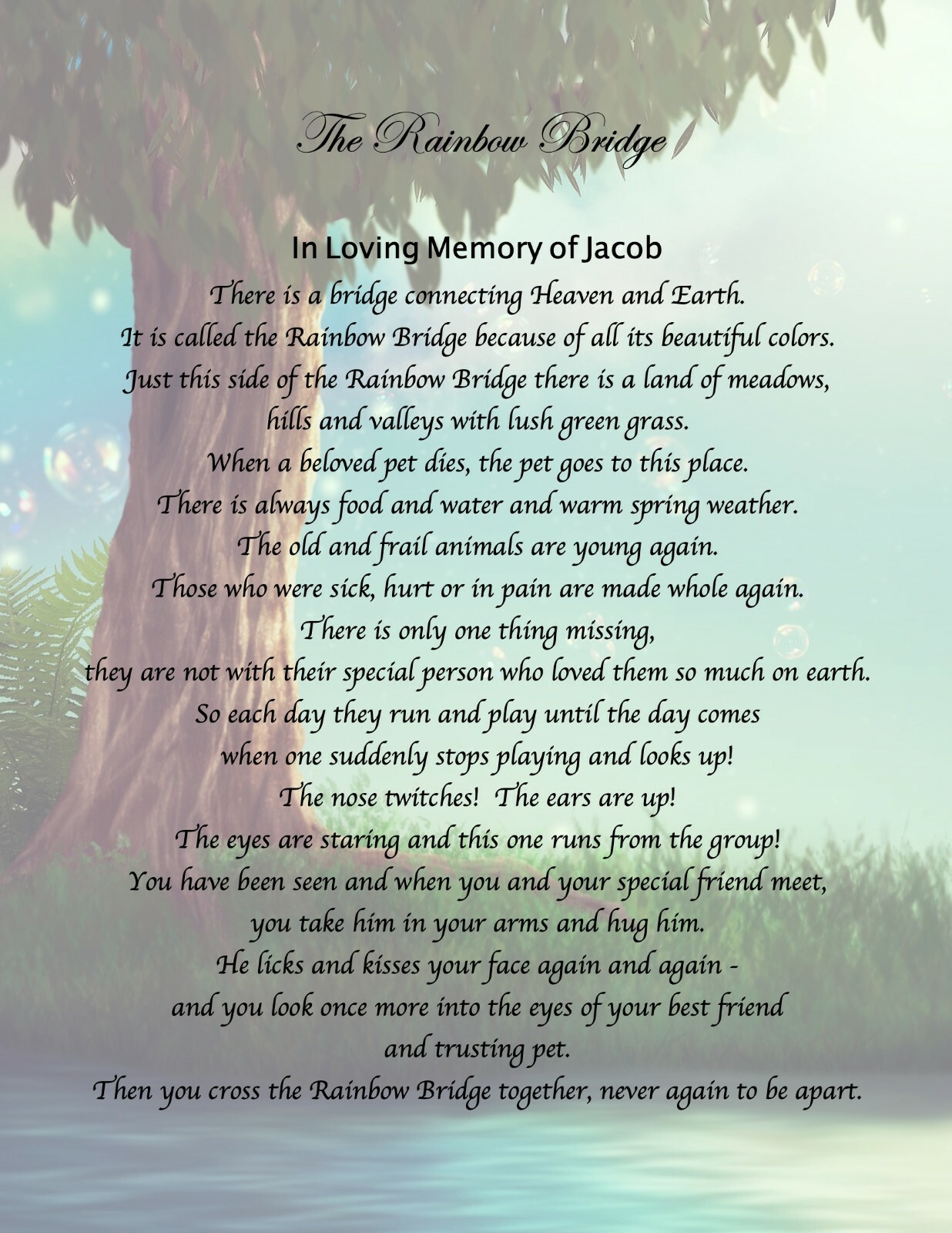 Pet Memorial Poem RAINBOW BRIDGE Personalized UNFRAMED Art Print Gift Dog, Cat