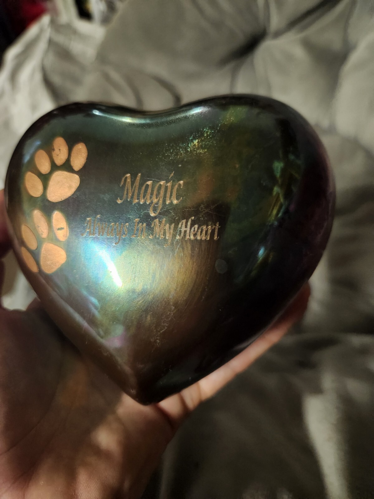Iridescent Paw Print Raku Heart Shaped Keepsake Pet Urn Magic Always In My Heart