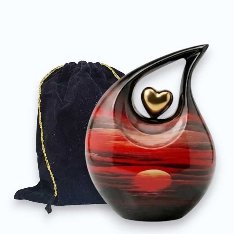 Red Sunset & Black Metal Teardrop Cremation Urn – 200 Cu In Ashes Men Women Urns