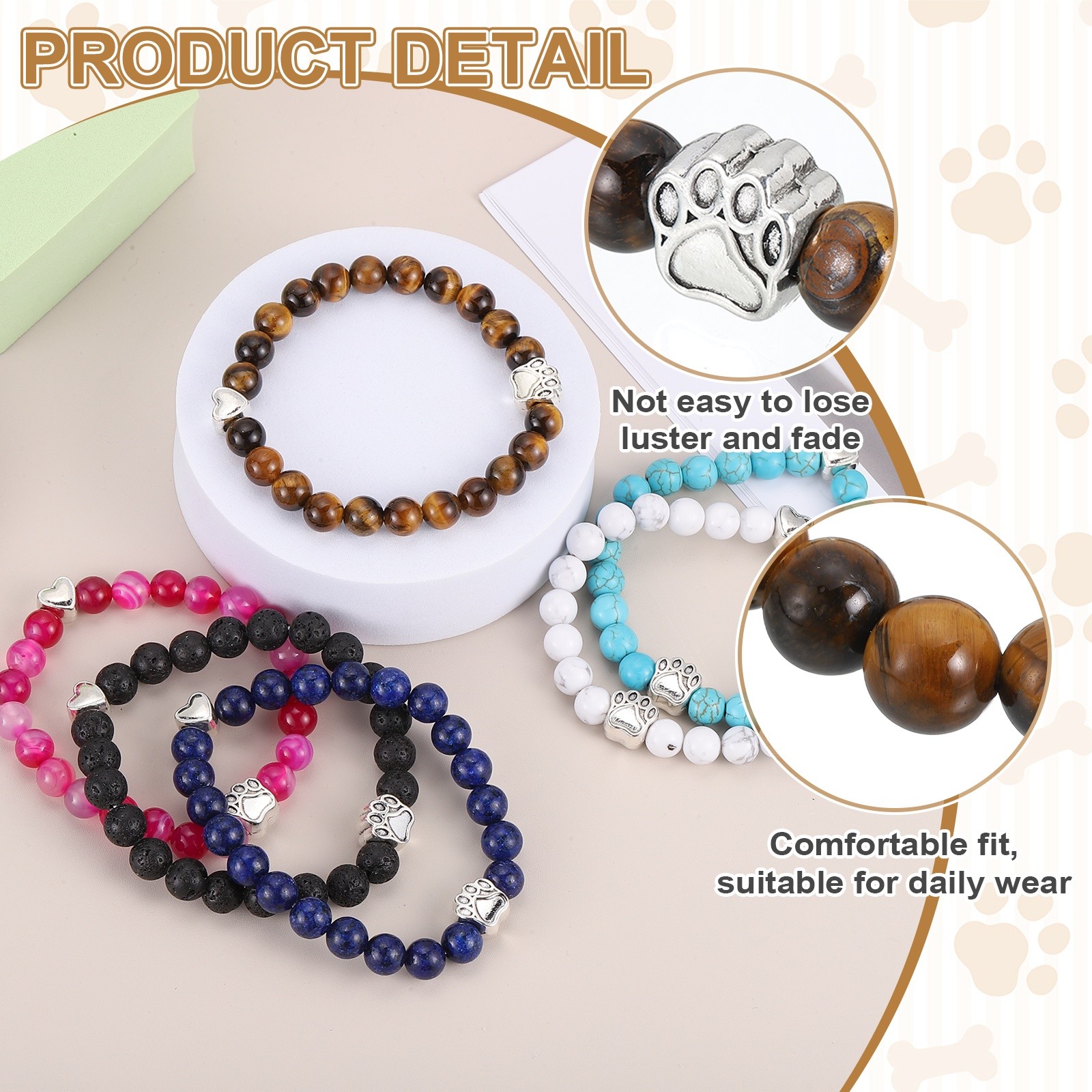 Stone Paw Bracelet,Heart Paw Print Dog Mom Memorial Bracelet,Blue