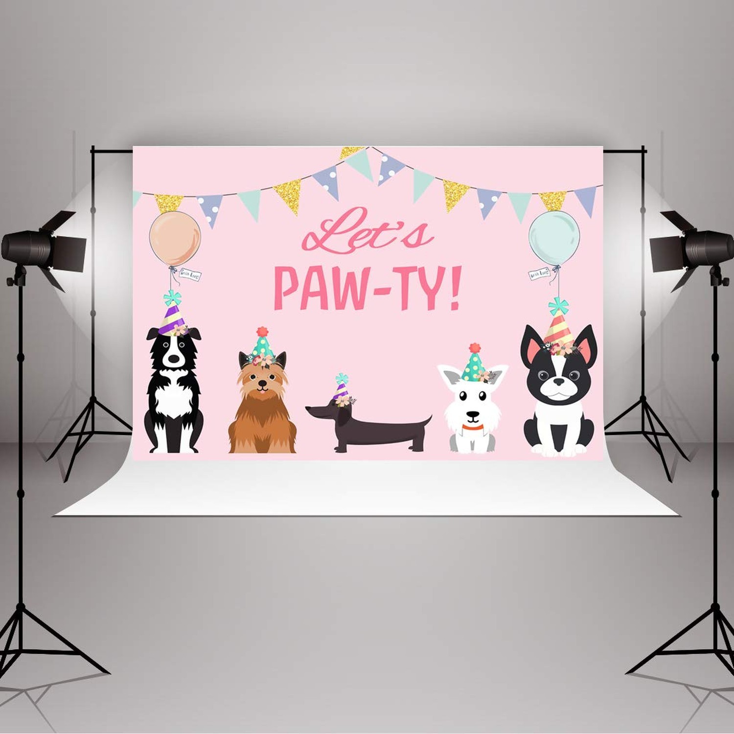 5x3ft Puppy Dog Happy Themed Backdrops Let’s Paw-ty Doggy Pet Pink Girl Photo…