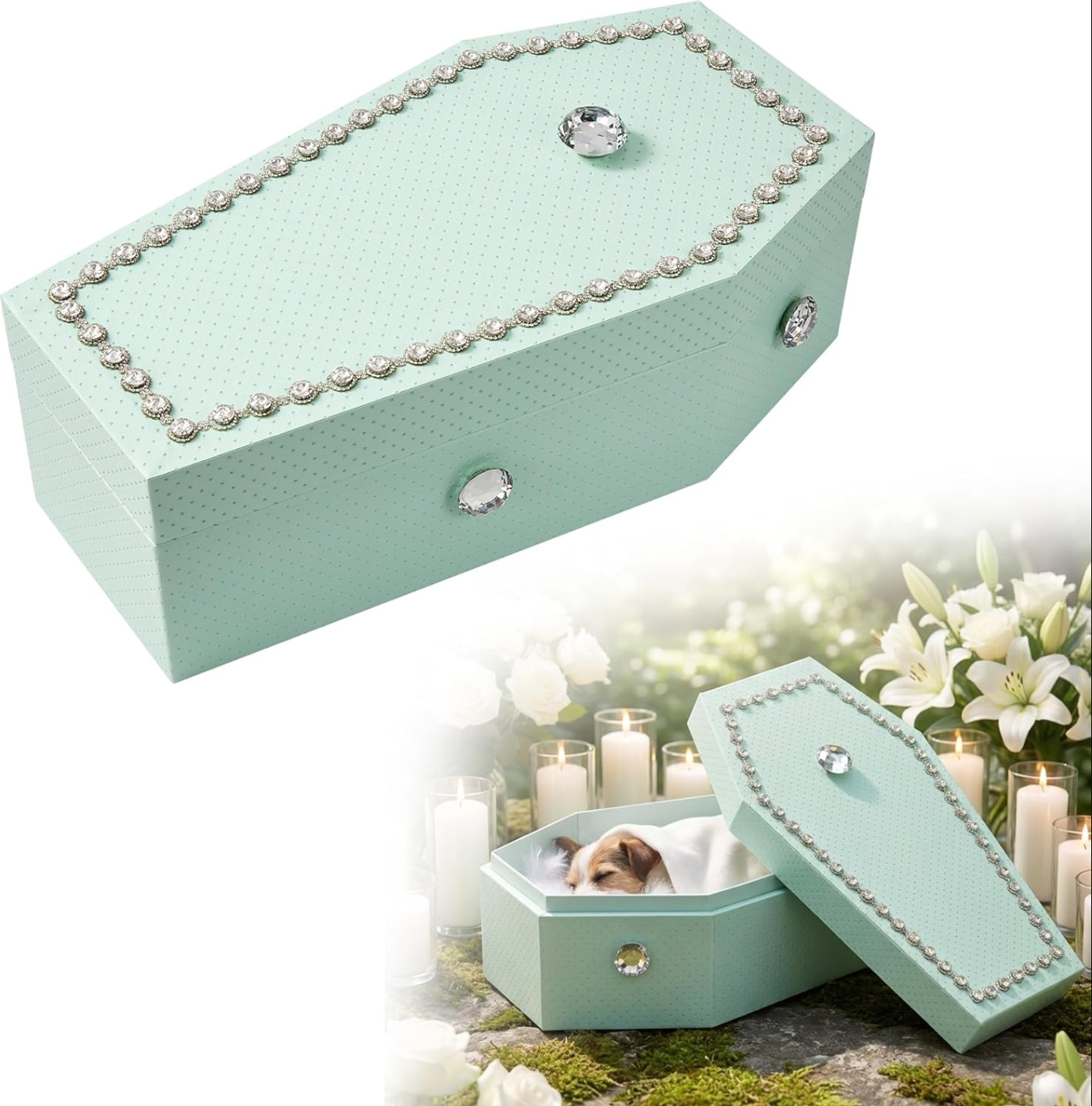 Cradle to Grave Small Pet Cat Dog Casket Coffin Rhinestone Mint Green Burial Box