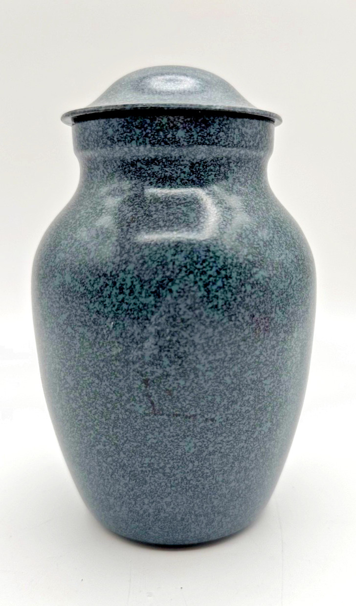 Brass Ashes Urn 6.5″ Speckled Blue Metal Screw on Lid Medium Size Great for Pets