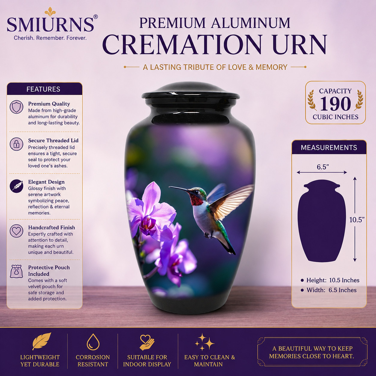 Adult Cremation Urn for Human Ashes Large 10.5″ Hummingbird Flower Urn 190ci