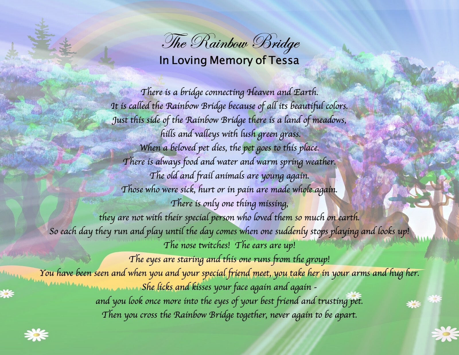 Pet Memorial Poem RAINBOW BRIDGE Personalized UNFRAMED Art Print Gift Dog, Cat