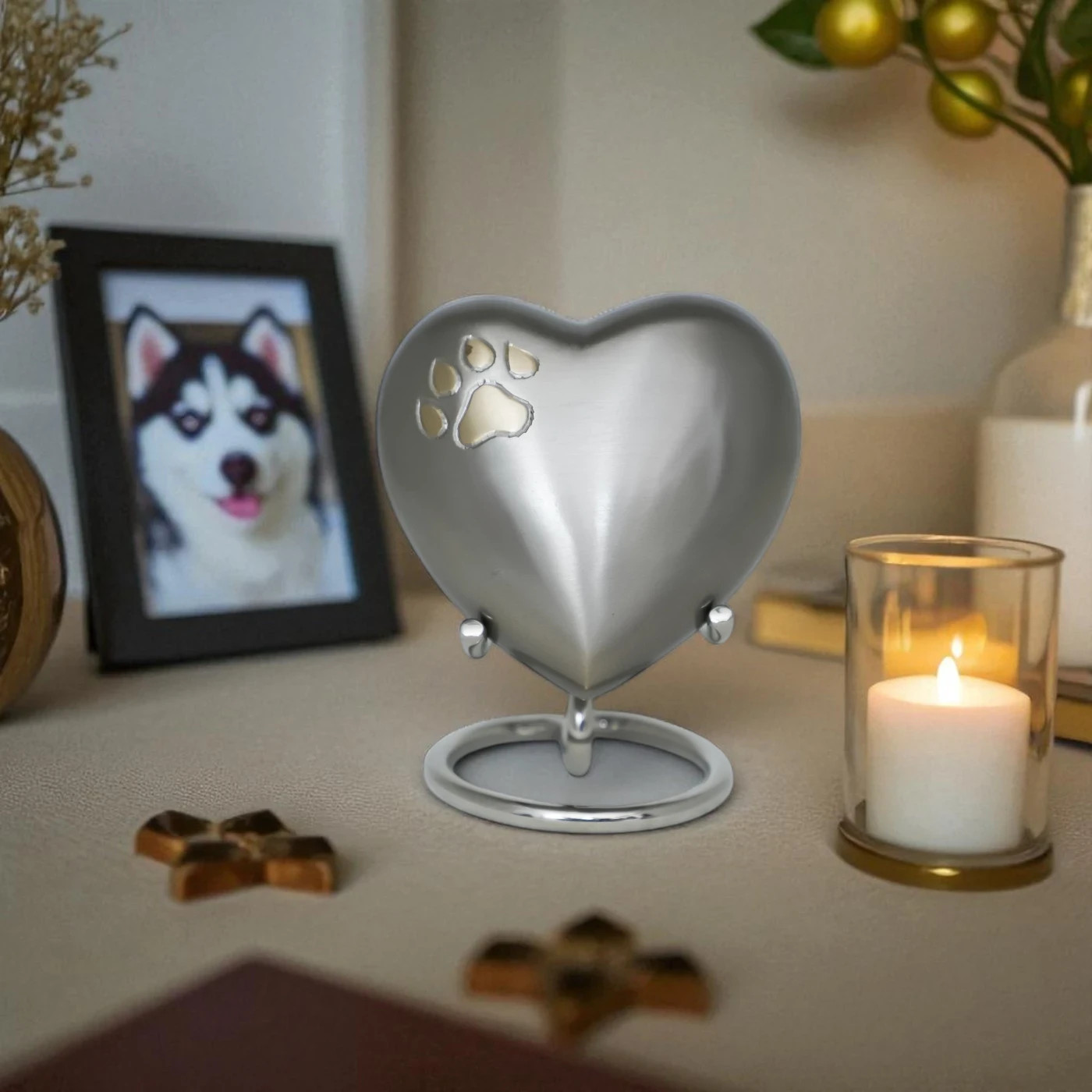 Timeless Brass Paw Heart Keepsake with Golden Finish – Loving Pet Ashes Holder