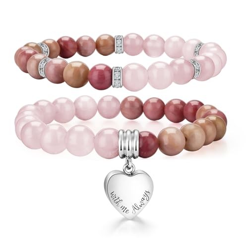 2Pcs Dainty Crystal Cremation Memorial Urn Bracelet Stretch Heart Pink