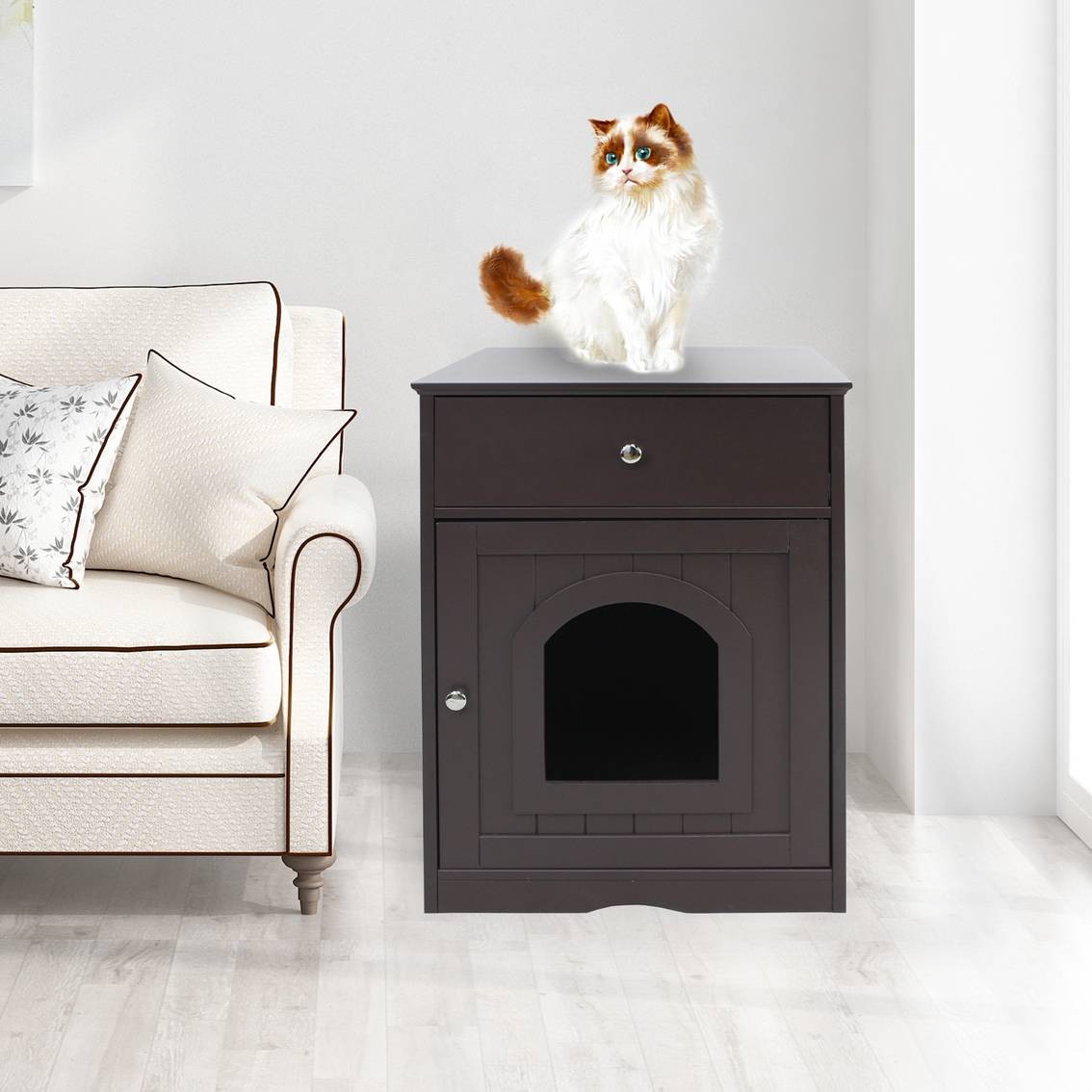 Wooden Pet House Cat Litter Box Enclosure With Drawer, Side Table Indoor Pet Cra