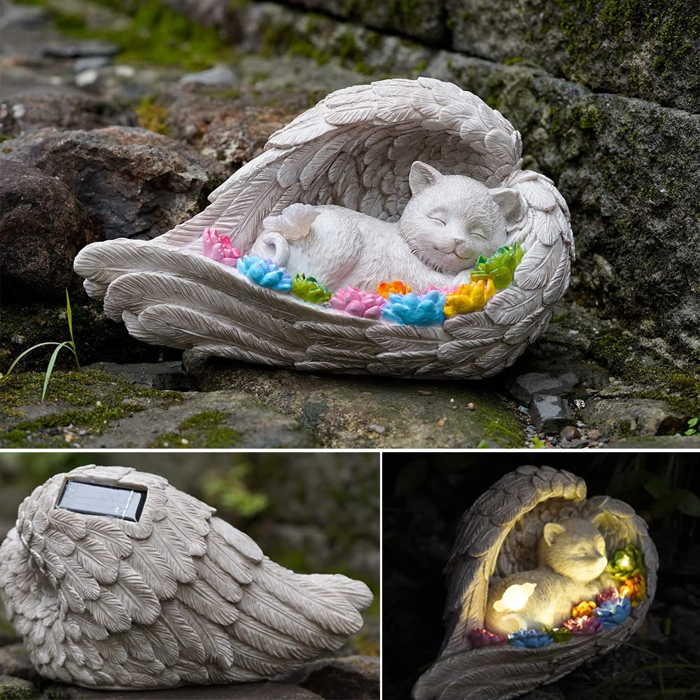 VKEVOC Cat Memorial Stone,Solar Angel Cat Statue Figurine – Pet Memorial Ston…