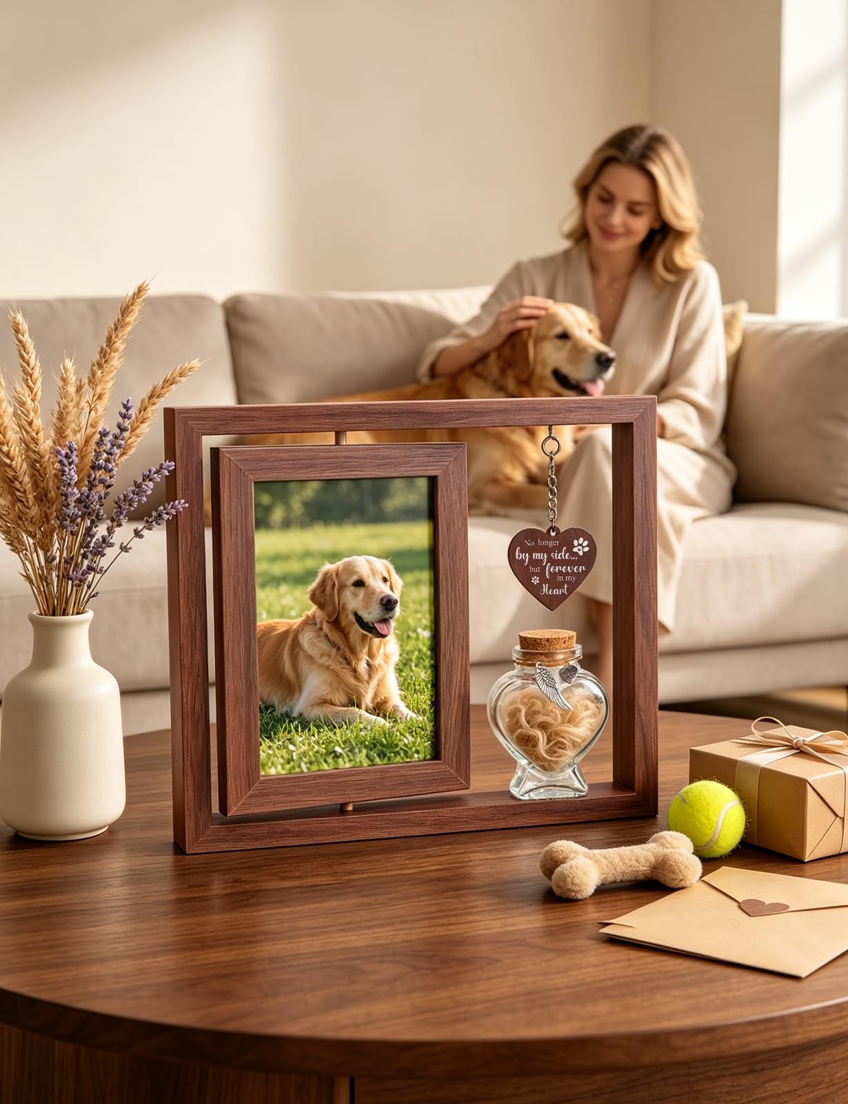Bomis Dog Memorial Gift Rotating Wooden Frame For 4X6 Fur Keepsake Jar Present
