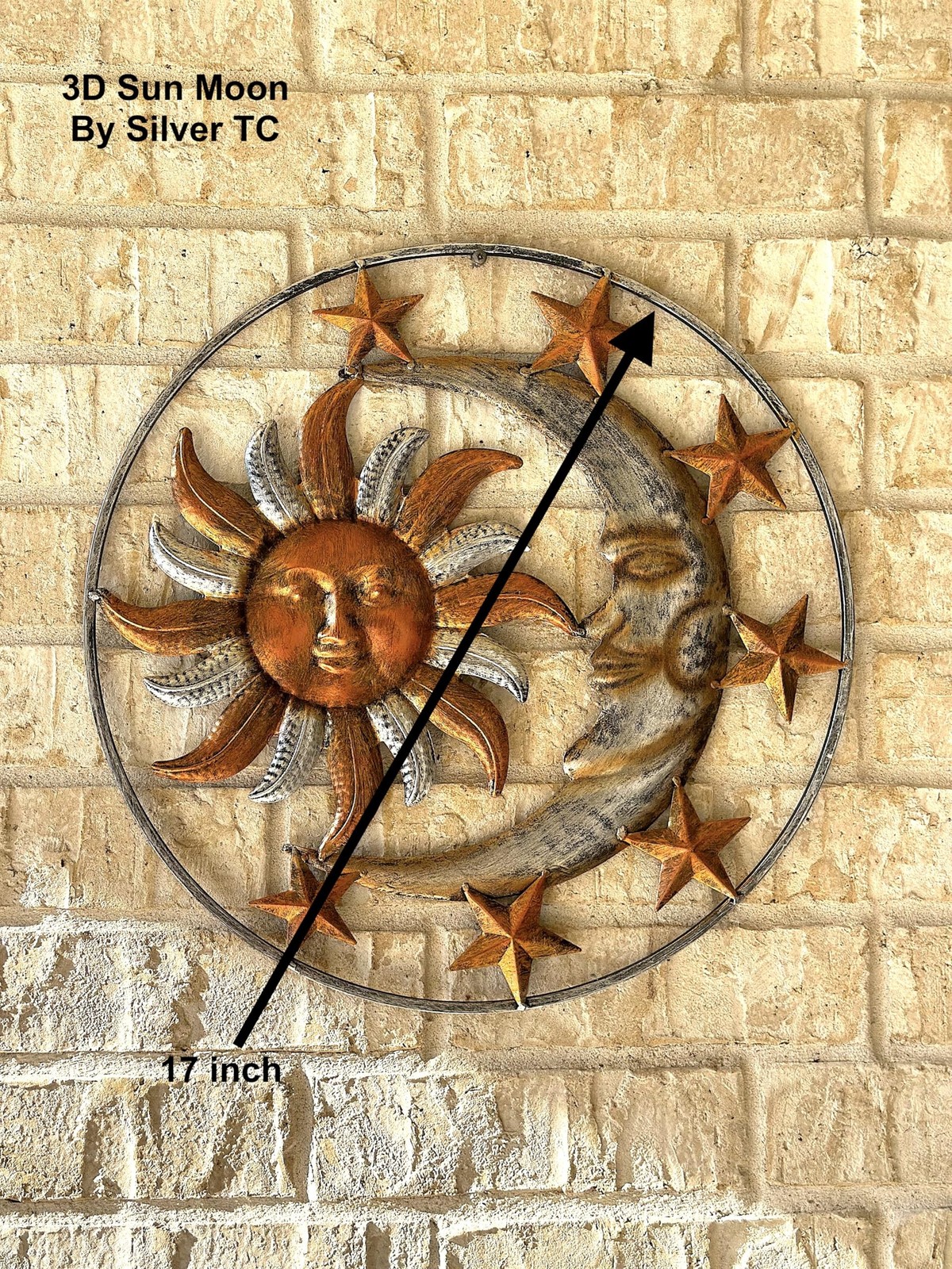 Large Metal Sun Moon Star Wall Art Sculpture Decor for Indoor Outdoor (17″ Di…