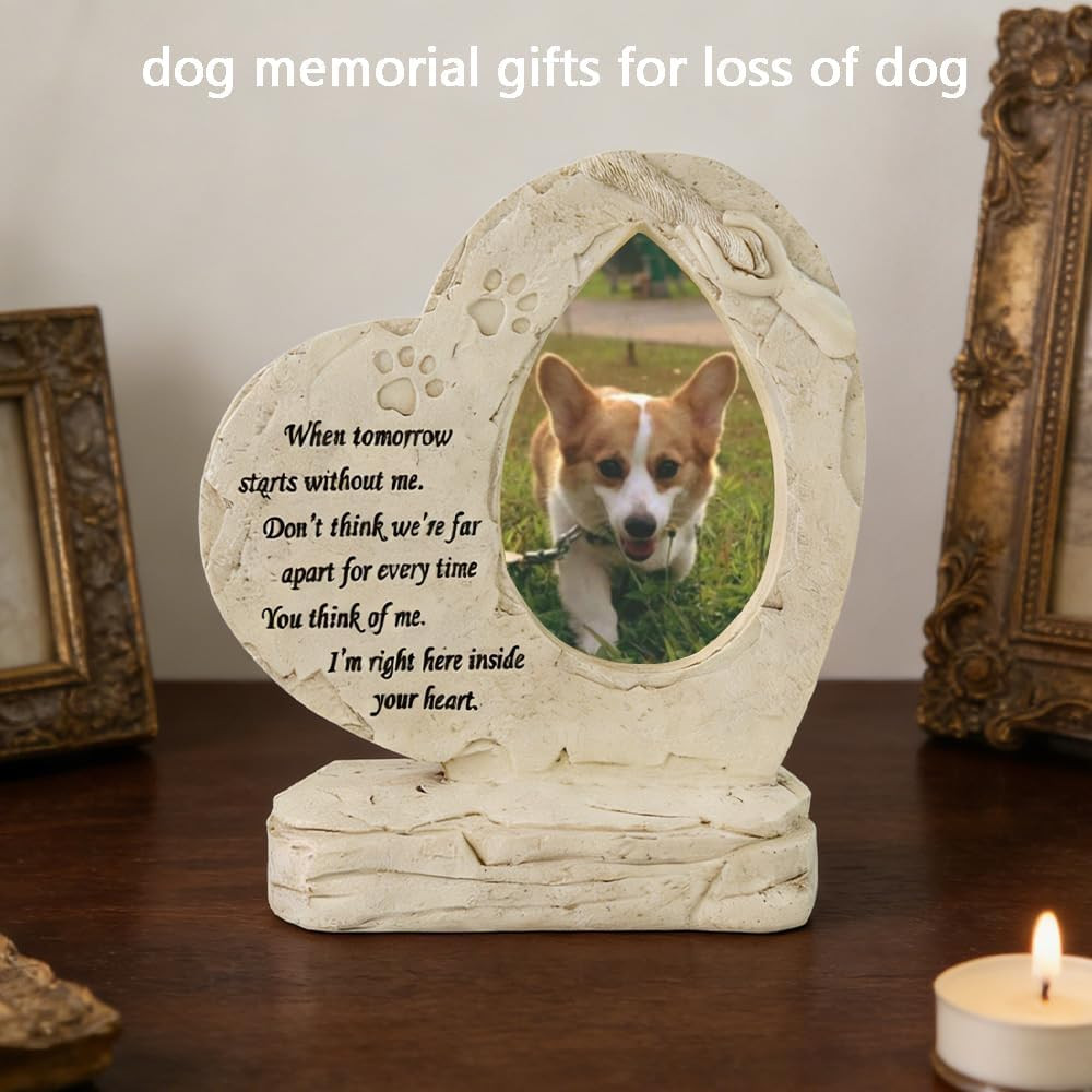 Heart Shaped Pet Dog Memorial Stones with Photo Frame, Pet Headstones Stones fo