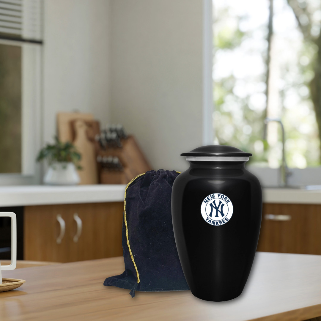 Large New York Yankee Baseball Theme Cremation Black Urn Adult Human Ashes w/Bag
