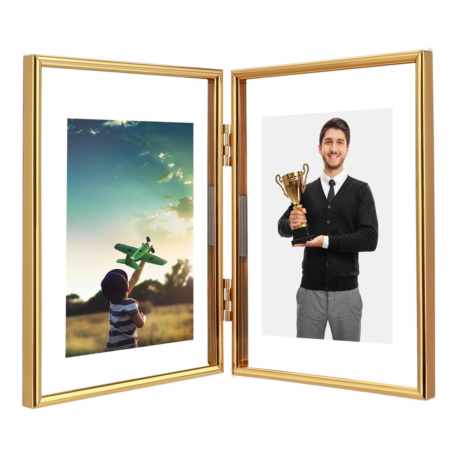 Folding Double Frame, Gold Floating Picture Frame with Hinge, For 5″×7″ 4″&