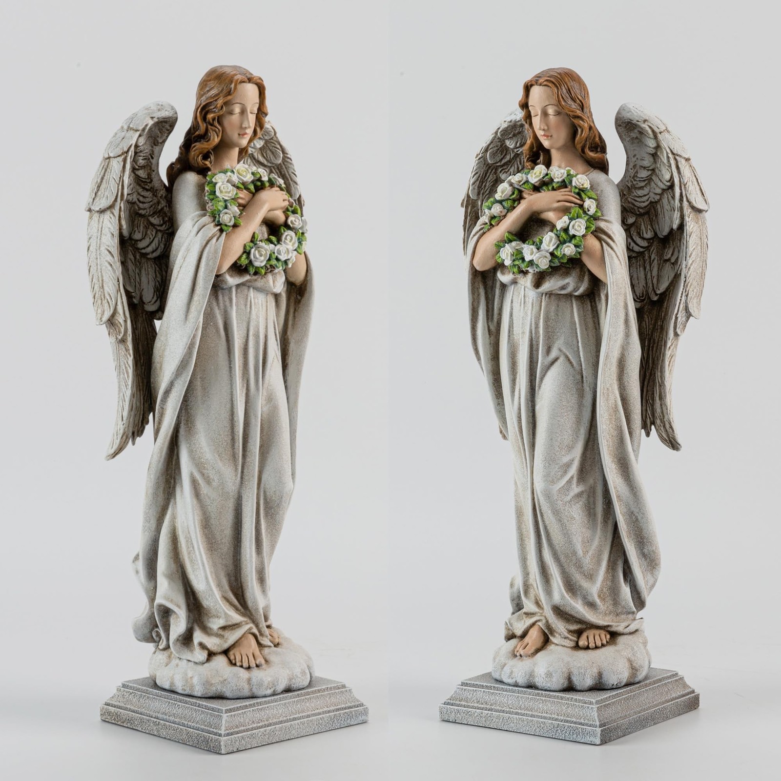 Garden Angel with Flower Wreath Statue – 16″ Outdoor Memorial Angel Decor