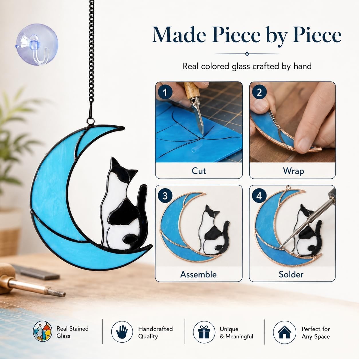 Memorial Stained Glass Tuxedo Cat Suncatcher – 5×6 in for Heartfelt Remembrance