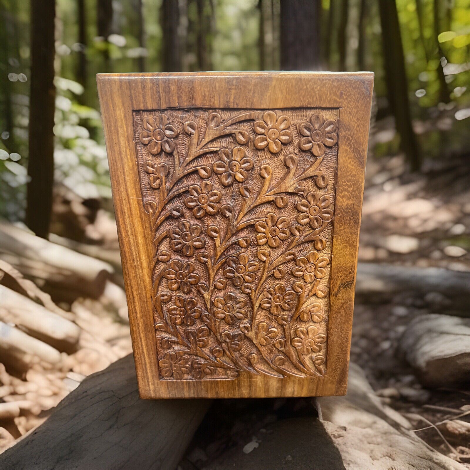 Floral Carved Wooden Pet Urn For Cat Or Dog Slide Opening 7 1/2 X 5 1/4 X 3 1/2”