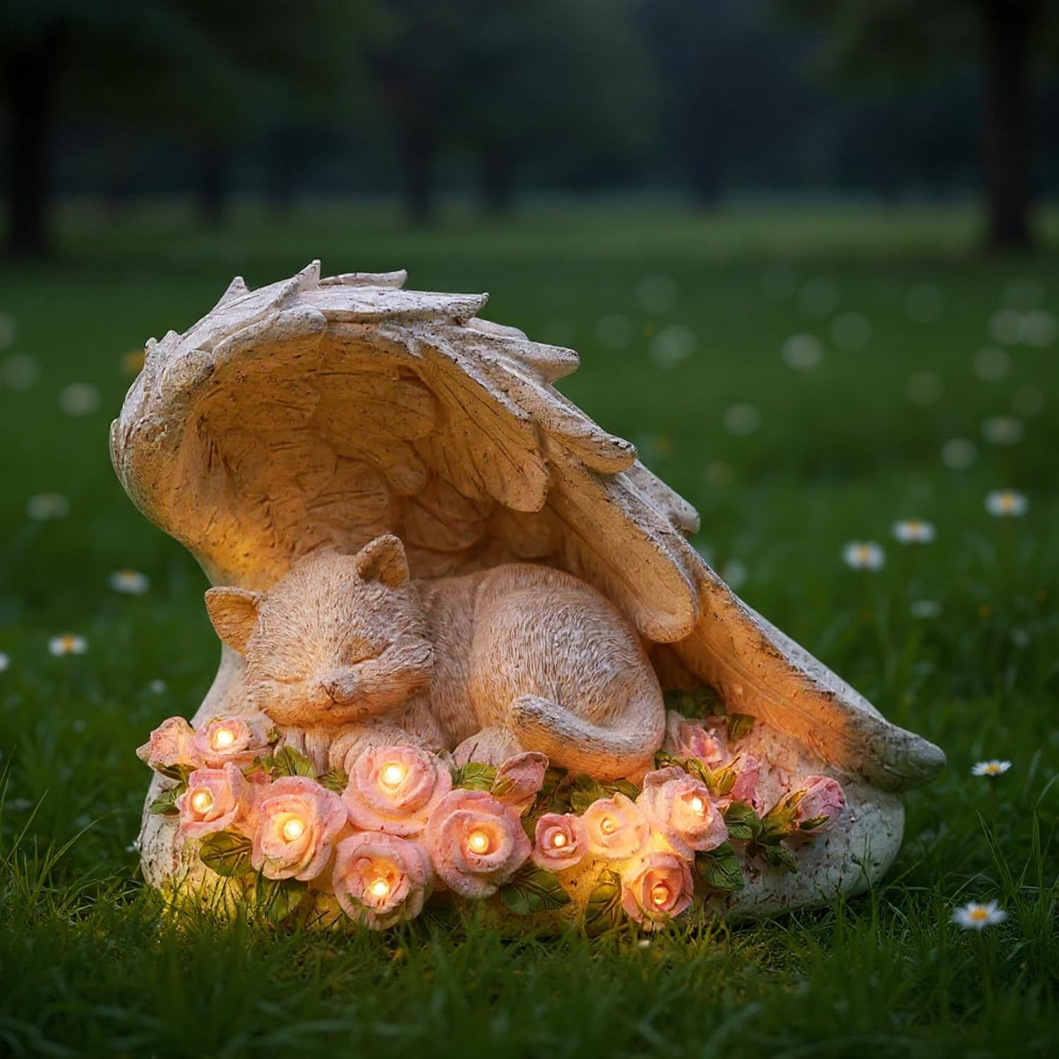 Cat Pet Memorial Stones Outdoor Statue, a Sleeping Cat Memorial Stones with Sola