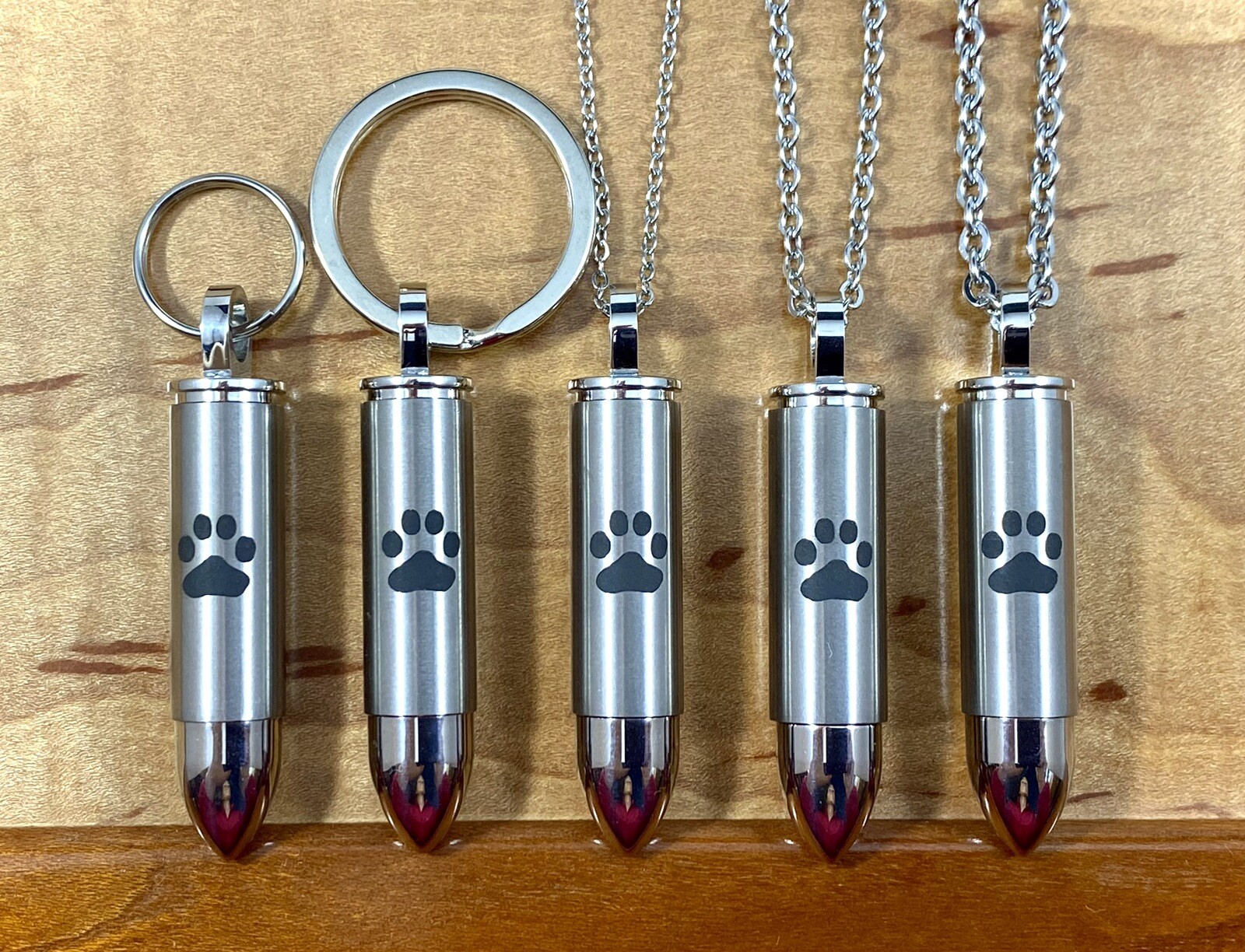 Mens Bullet Cremation Necklace Pendant Urn 4 Ashes LARGE VIAL Pet Paw Print Dog
