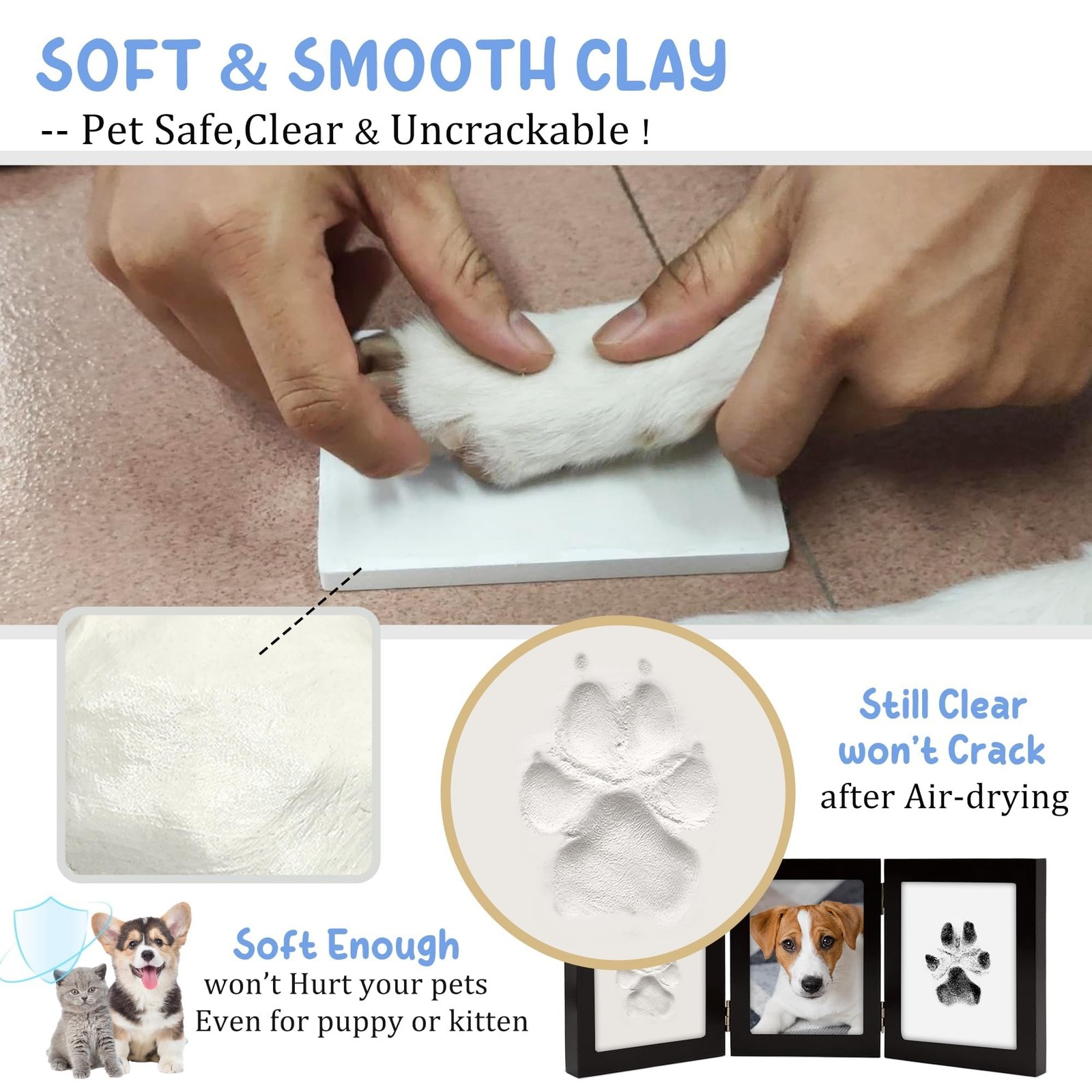 MYPAWLETS Ink&Clay Paw Print Frame Keepsake,Inkless Ink Pad & Soft Clay for D…
