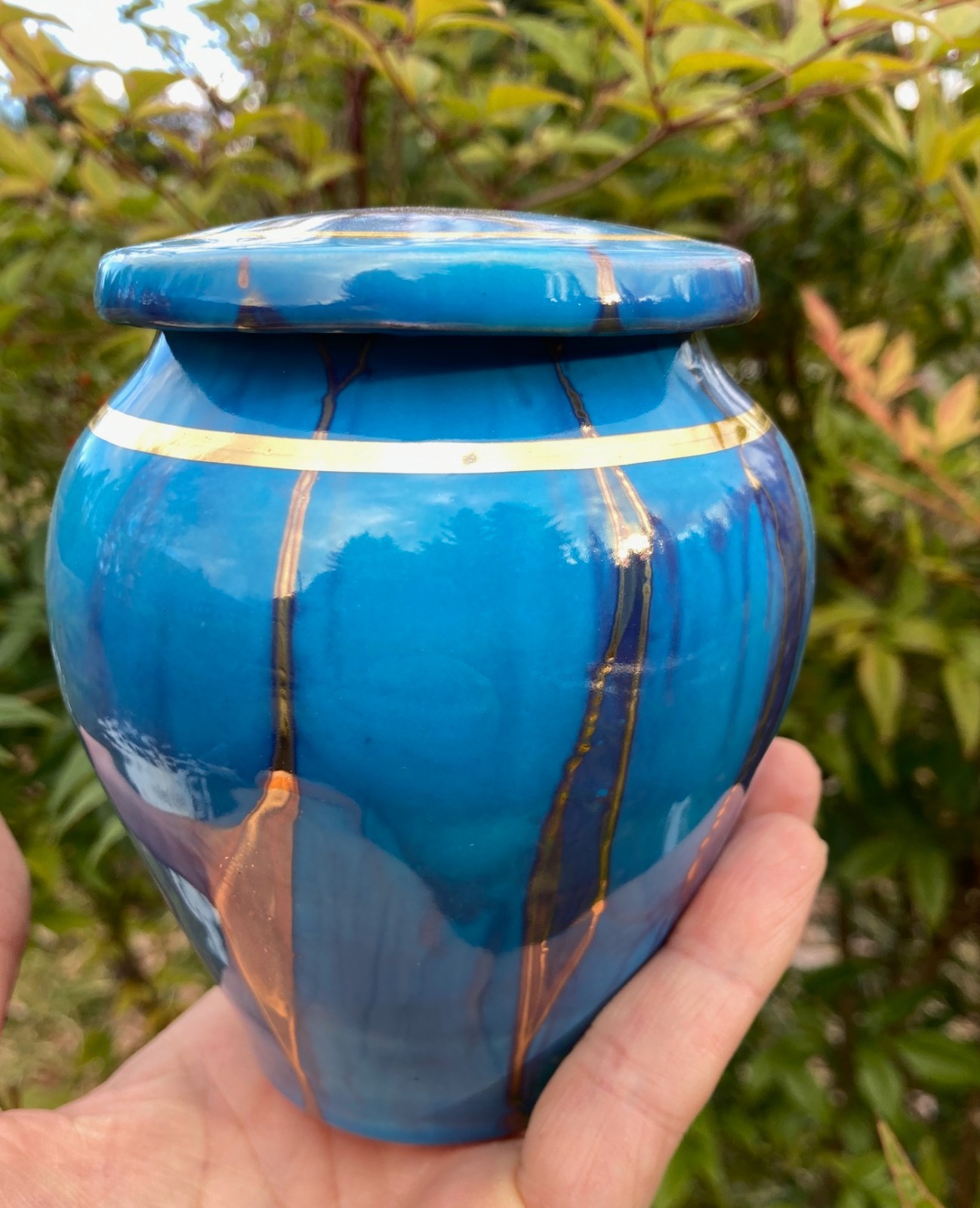 Handmade Ceramic Cremation Urn in Yellow w/MOP, small size for pet ashes 50 ci