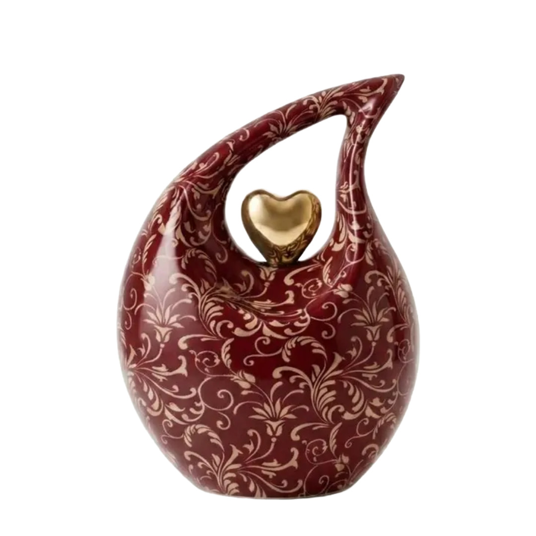 Large Maroon Floral Teardrop Cremation Urn for Human Ashes – 10″ Adult Memorial