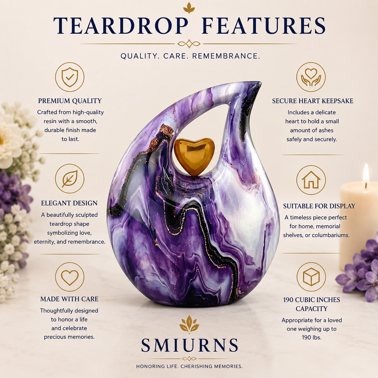 Purple White Marble Teardrop Cremation Urn Adult Human Ashes for Your Love Ones