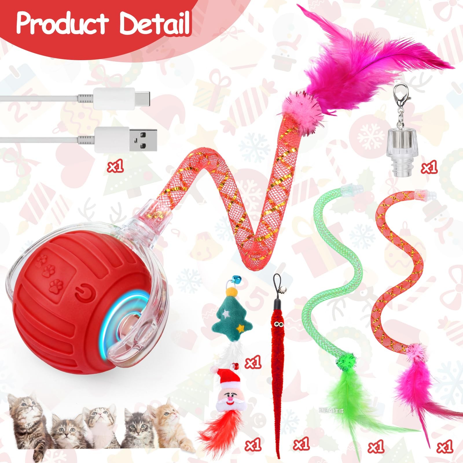 Interactive Cat Toy Ball w/ Feather Tails – Christmas Gift for Indoor Cats