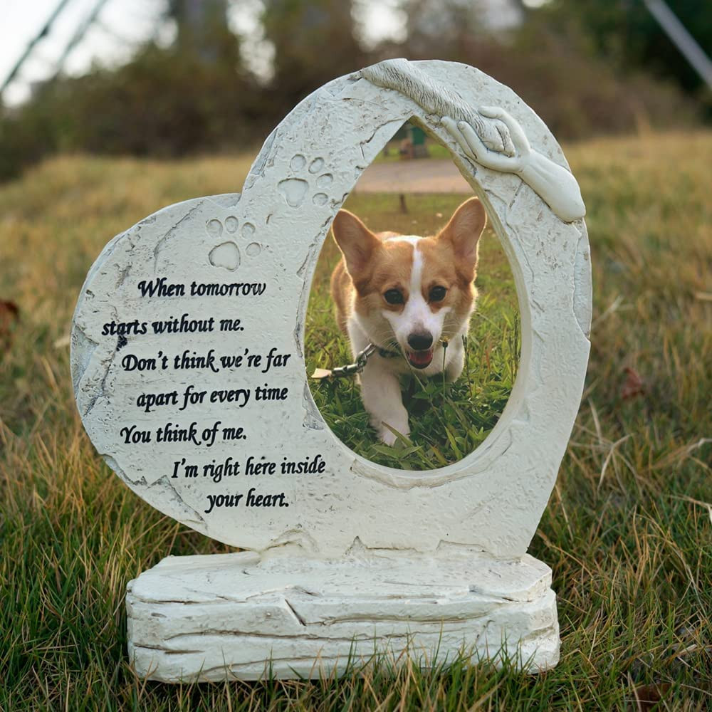 Heart Shaped Pet Dog Memorial Stones with Photo Frame, Pet Dog Headstones Grave