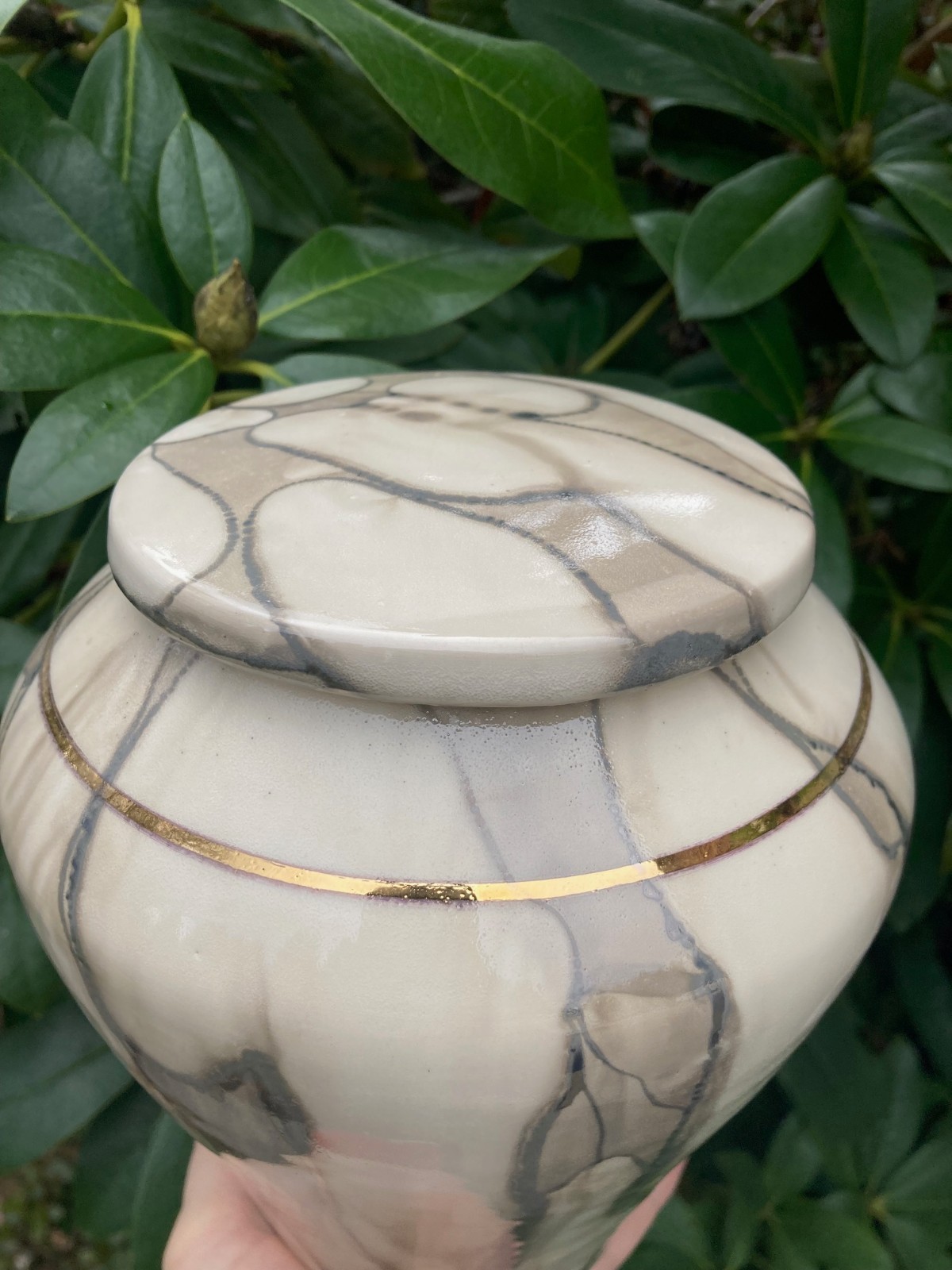 Handmade Ceramic Cremation Urn Keepsake Vessel in White with Silver 150 ci