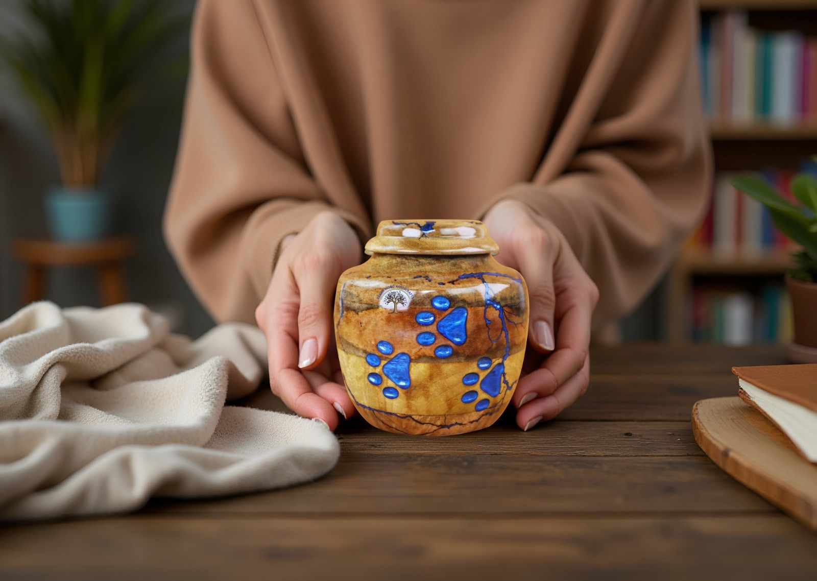 Pet Cremation Urn with Blue Paw Prints – Handcrafted Decorative Urn for Dog