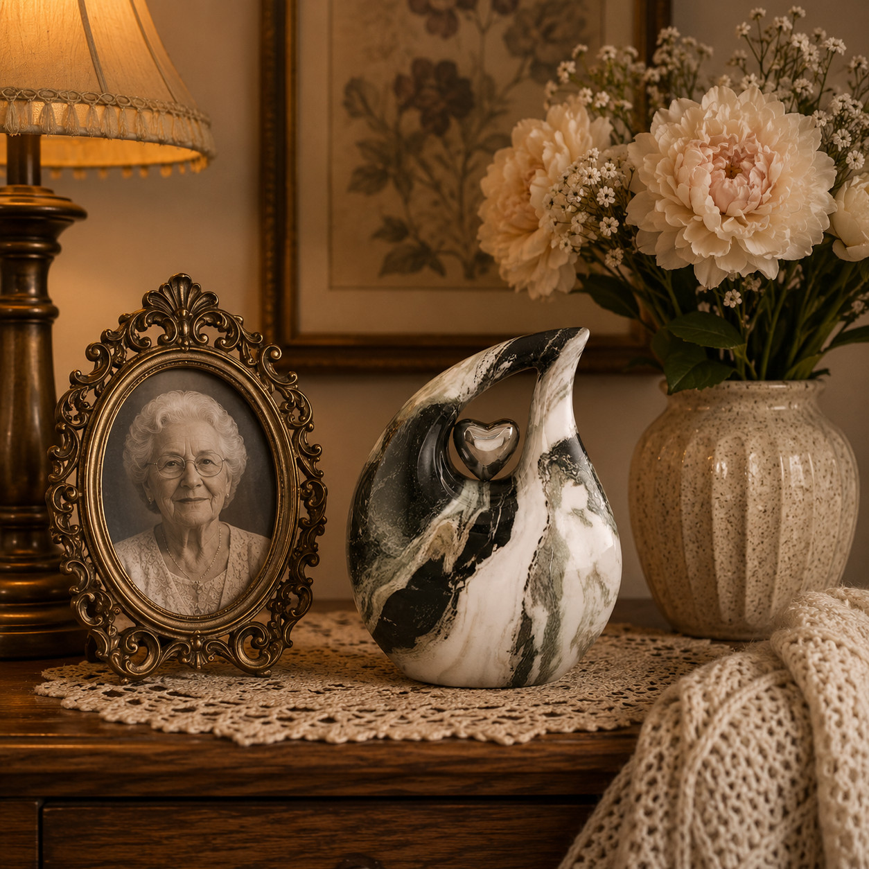 Black White Marble Teardrop Cremation Urn Adult Human Ashes for Men & Women