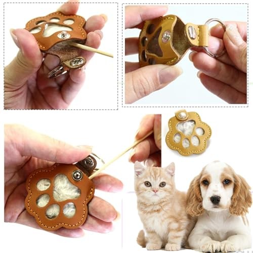 Pet Memorial Keychain Leather Cat Claw Keychain Pet Hair Keepsake Box Brown