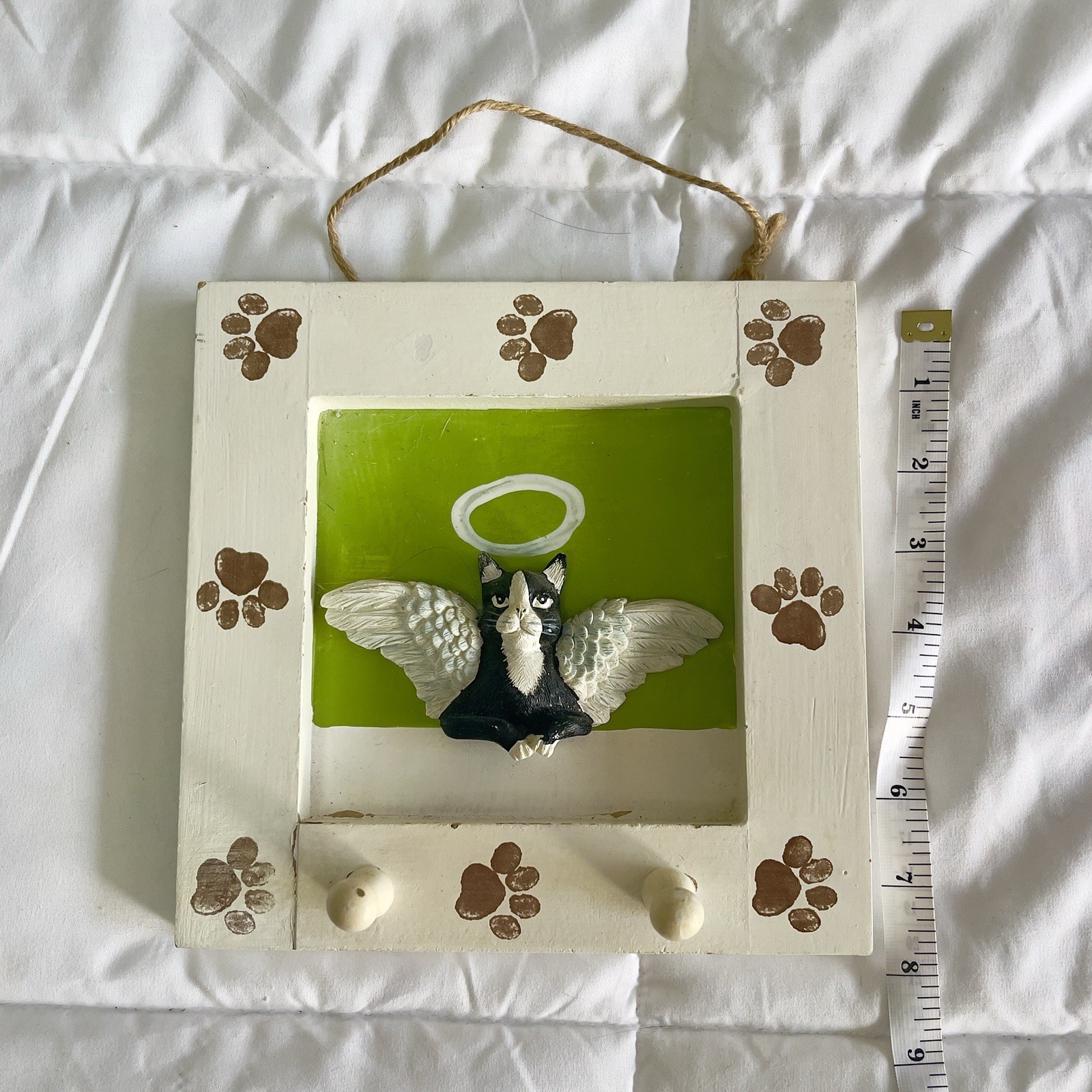 Angel Cat Tuxedo Wood Wall Hook Frame Paw Print Key Holder Vintage Cottage Core