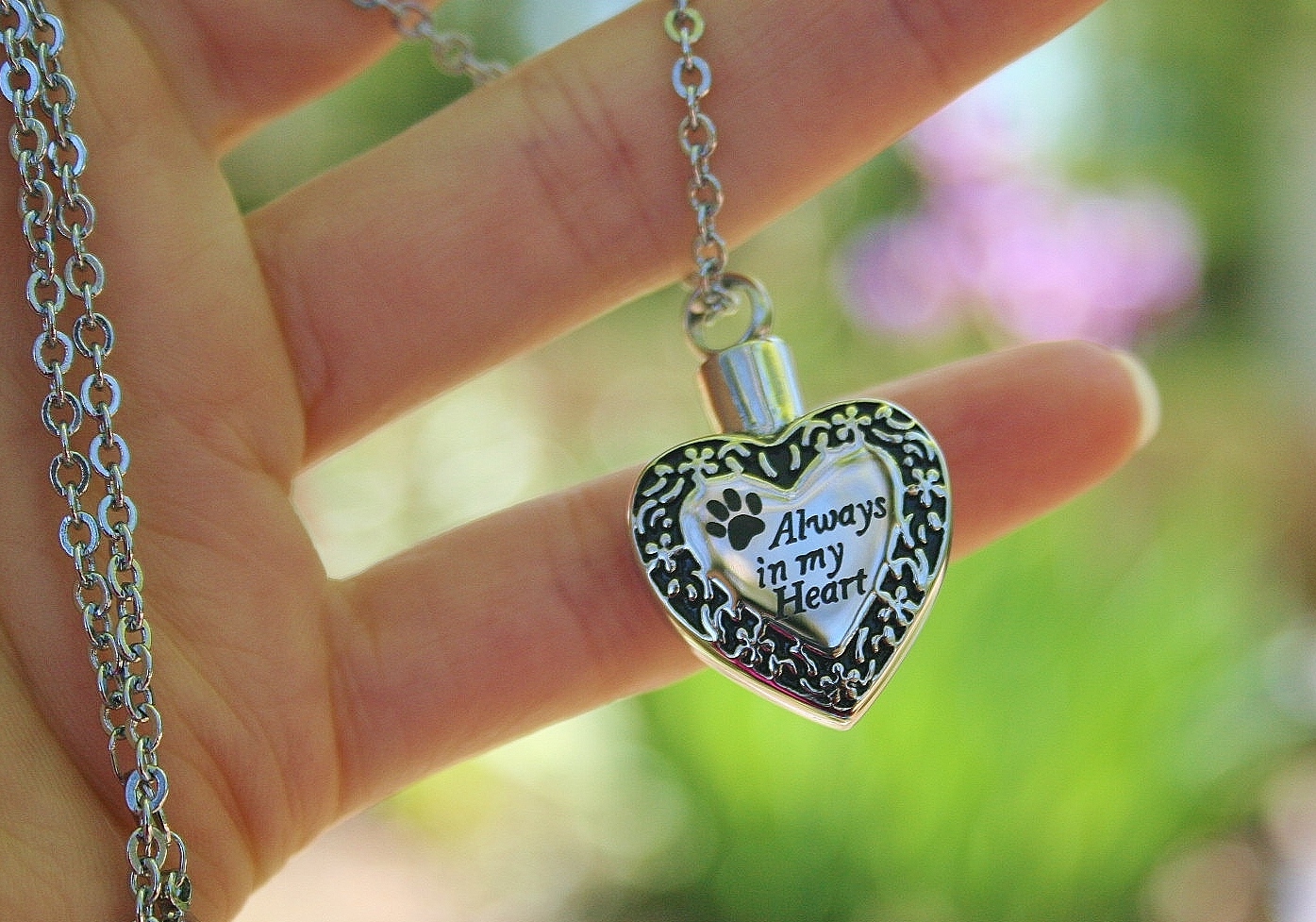 Pet Cremation Necklace Jewelry Pendant Urn Paw Print Always in My Heart Dog Cat