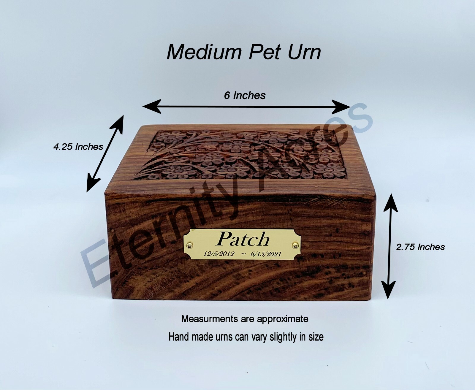Memorial Wood Pet Cat or Dog Urn With Custom Plate Engraving
